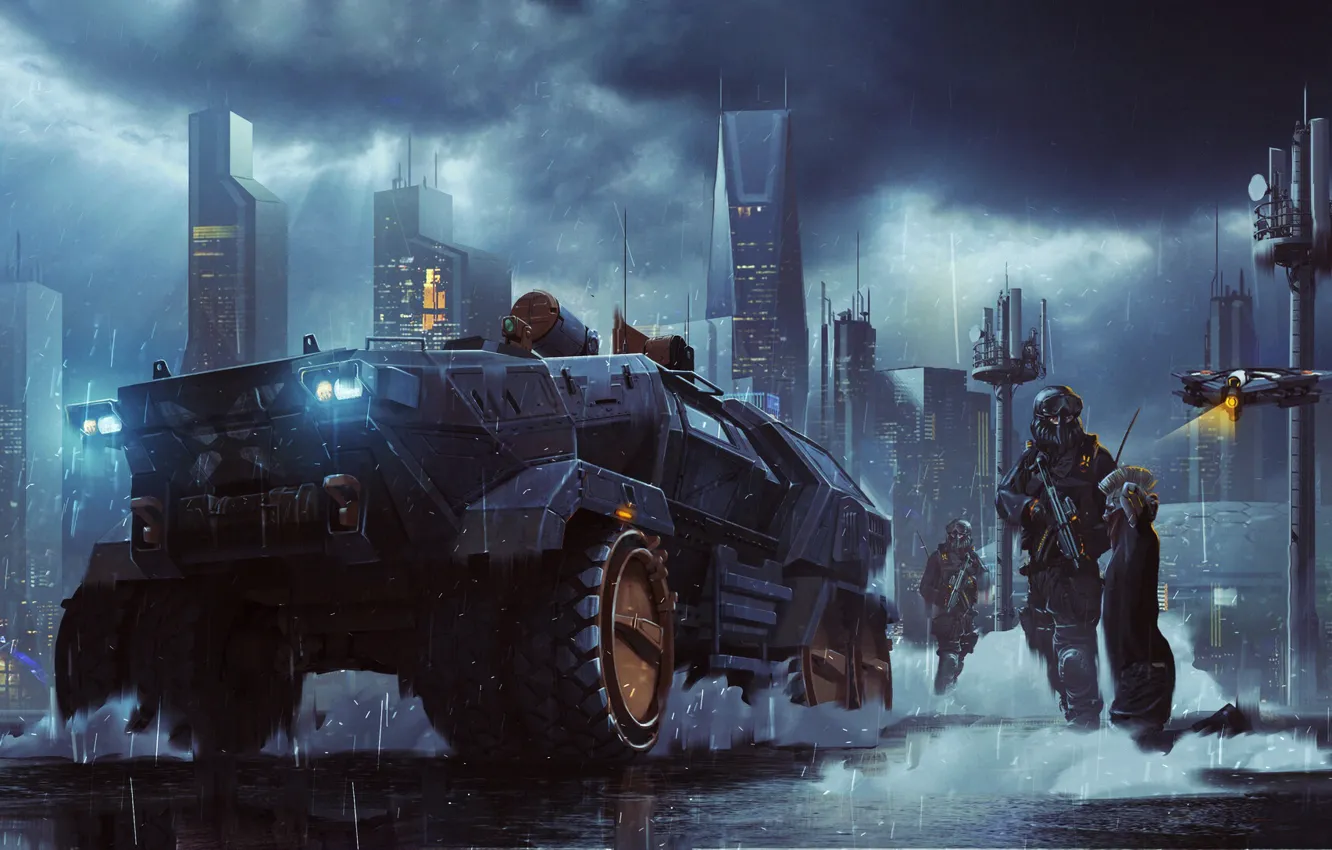 Photo wallpaper machine, night, clouds, city, the city, fiction, punk, police