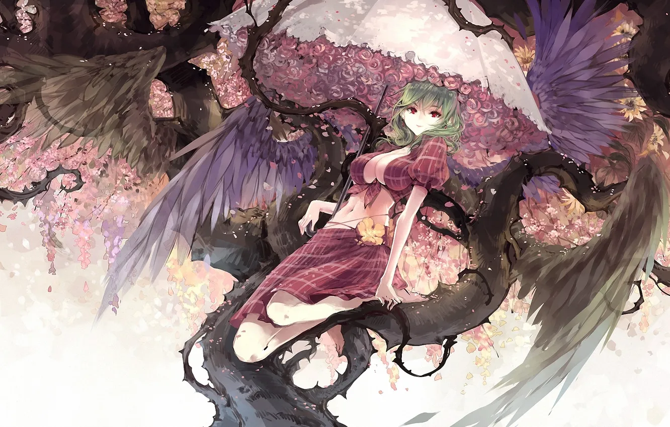 Photo wallpaper chest, girl, trees, flowers, roses, wings, umbrella, art