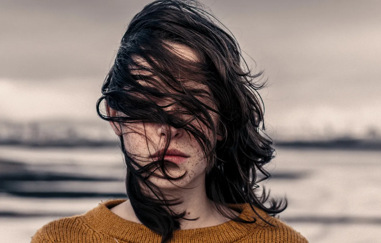 Photo wallpaper girl, the wind, hair, lips, sweater