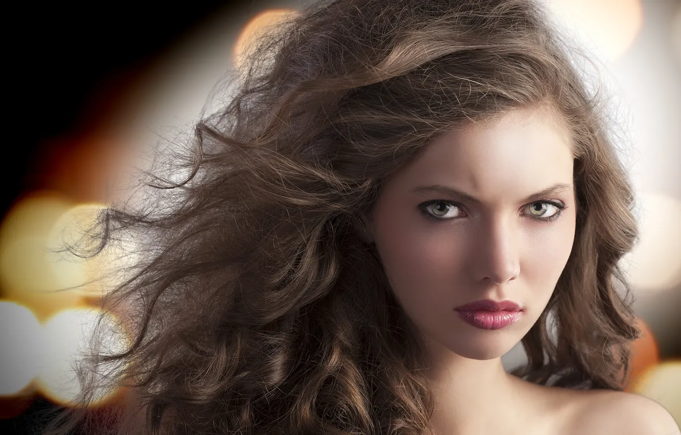 Photo wallpaper look, girl, makeup, brown hair, shoulders, curls, green-eyed, plump