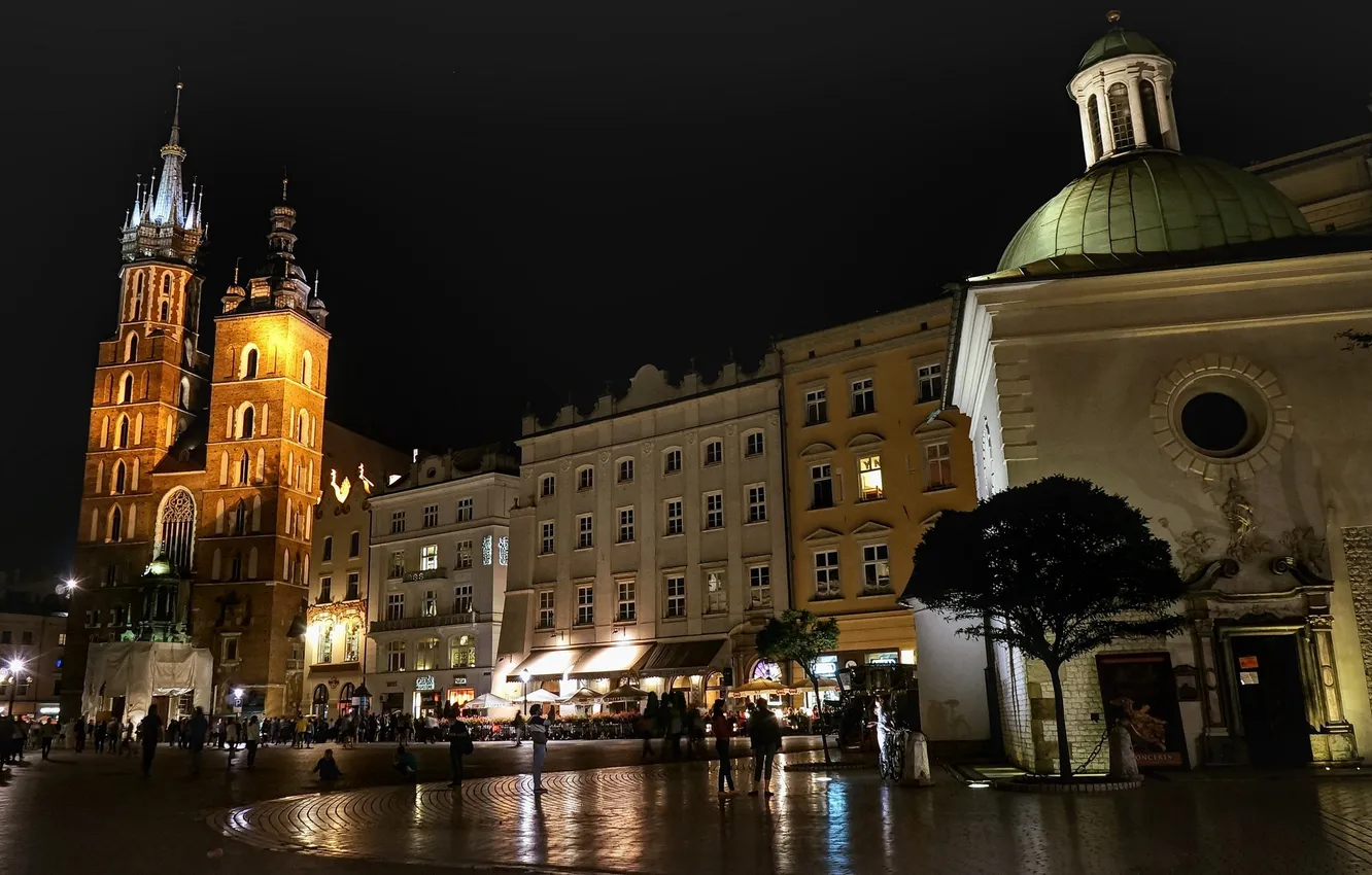 Photo wallpaper lights, people, the evening, Poland, Krakow, Church of St. Adalbert, St. Mary's Church