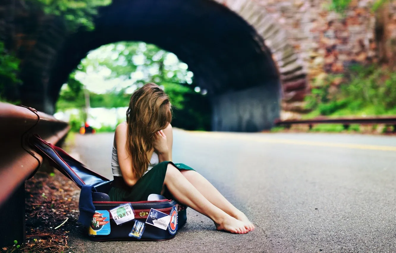 Photo wallpaper road, girl, bridge, hair, girl, bag, waiting, bridge