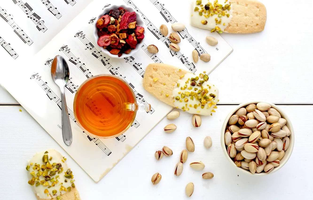 Photo wallpaper tea, pistachios, food, notes, cake