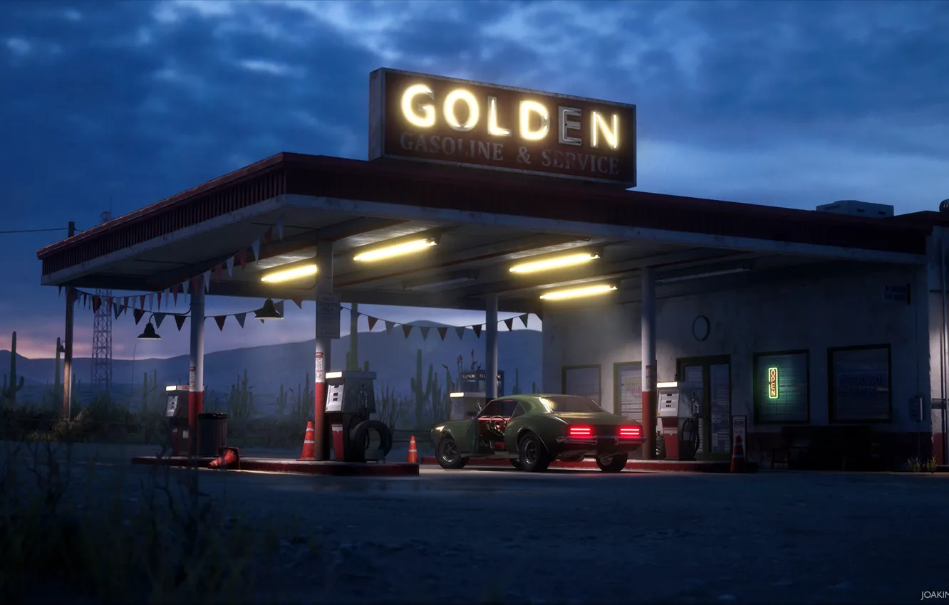 Photo wallpaper night, station, lighting, Desert Gas Station, Golden Gasoline