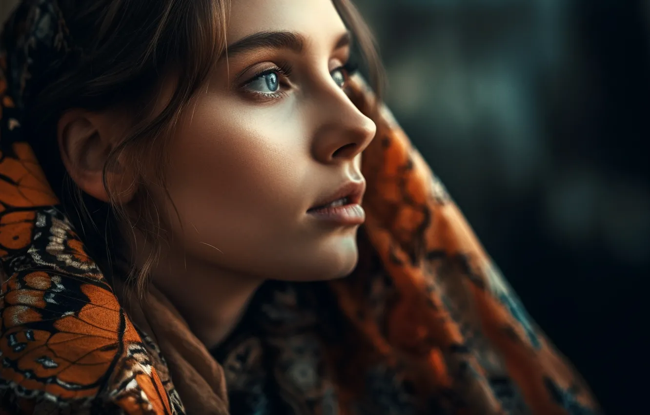 Photo wallpaper look, girl, face, portrait, brown hair, blue eyes, shawl, digital art
