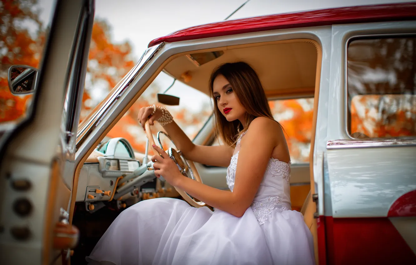 Photo wallpaper machine, auto, look, girl, pose, the wheel, the bride, white dress