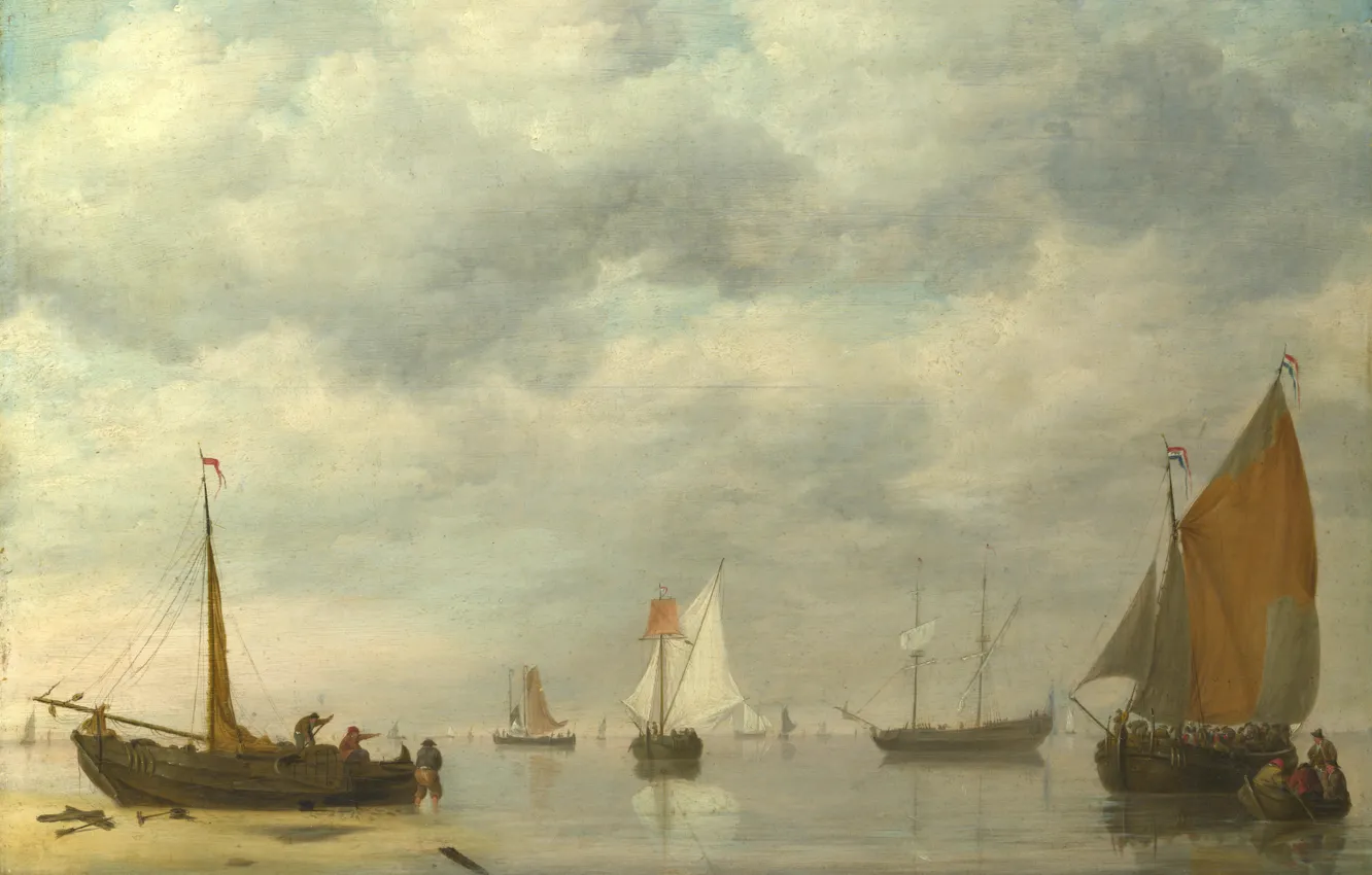 Photo wallpaper picture, sail, seascape, Jan van Os, Dutch ships in calm water, Jan van OS
