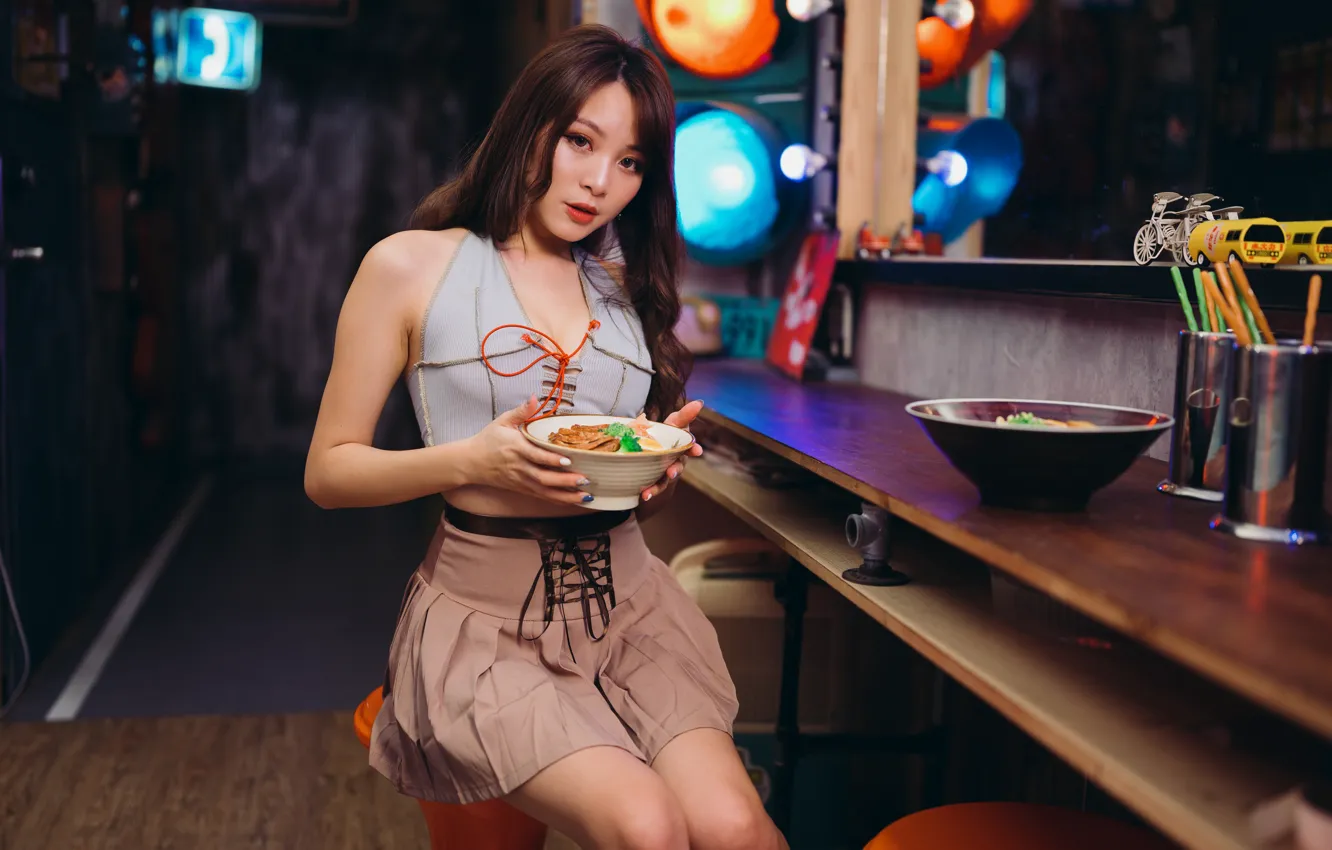 Photo wallpaper look, lights, sexy, pose, model, food, skirt, portrait