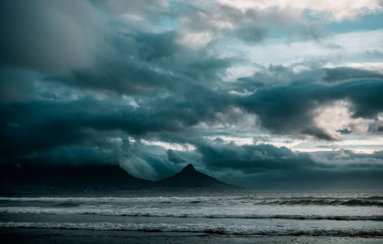 Photo wallpaper sea, the storm, wave, the sky, landscape, mountains, clouds, storm