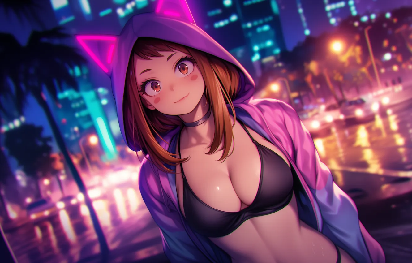 Photo wallpaper swimsuit, night, palm trees, neon, anime, art, wallpaper, jacket
