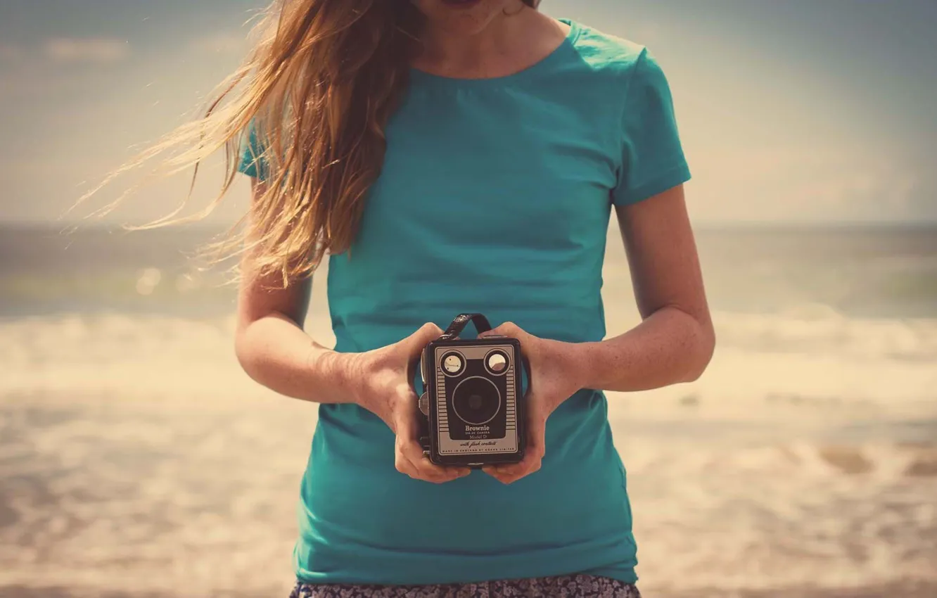 Photo wallpaper sand, beach, girl, nature, mood, camera, hands, the camera