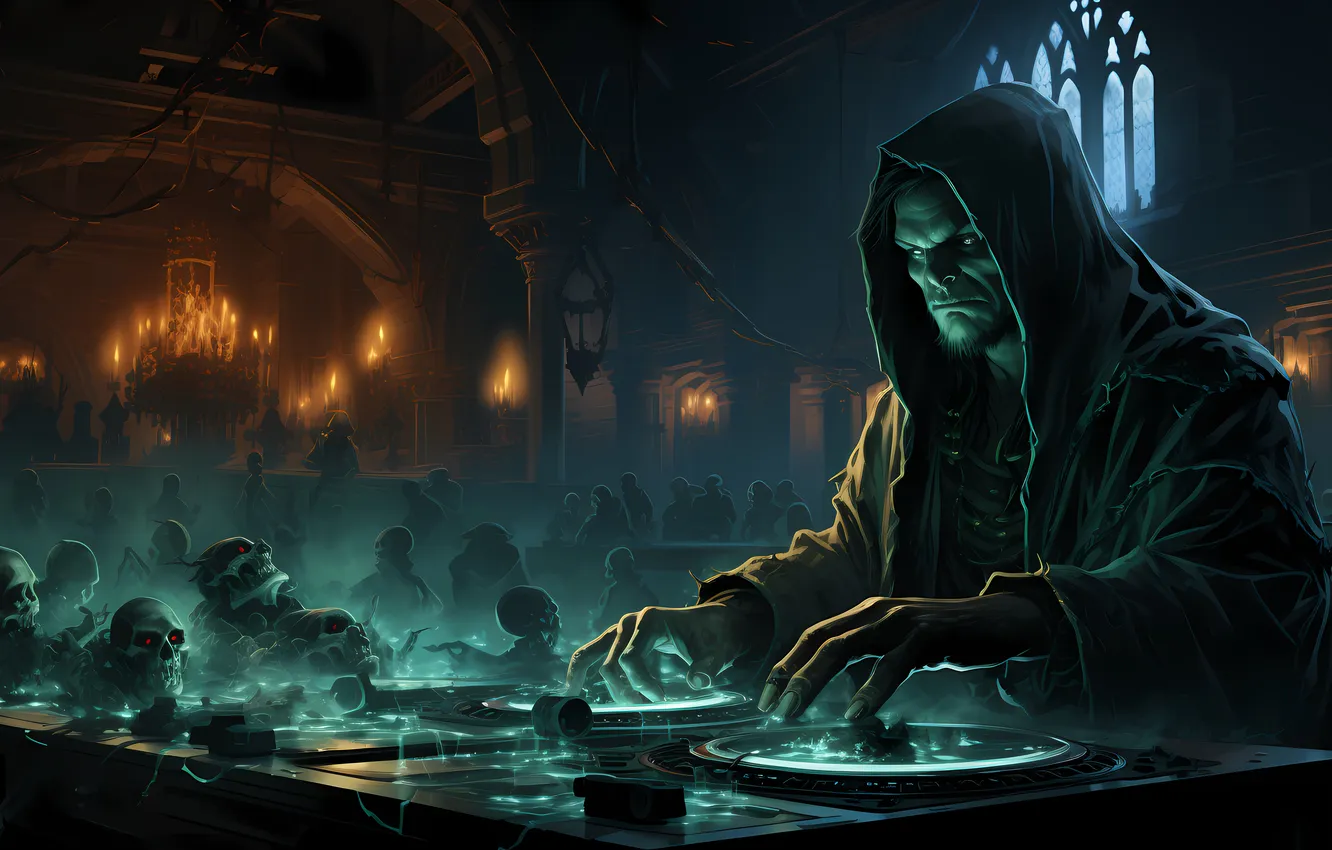 Photo wallpaper digital art, sitting, hoods, AI Art, necromancers