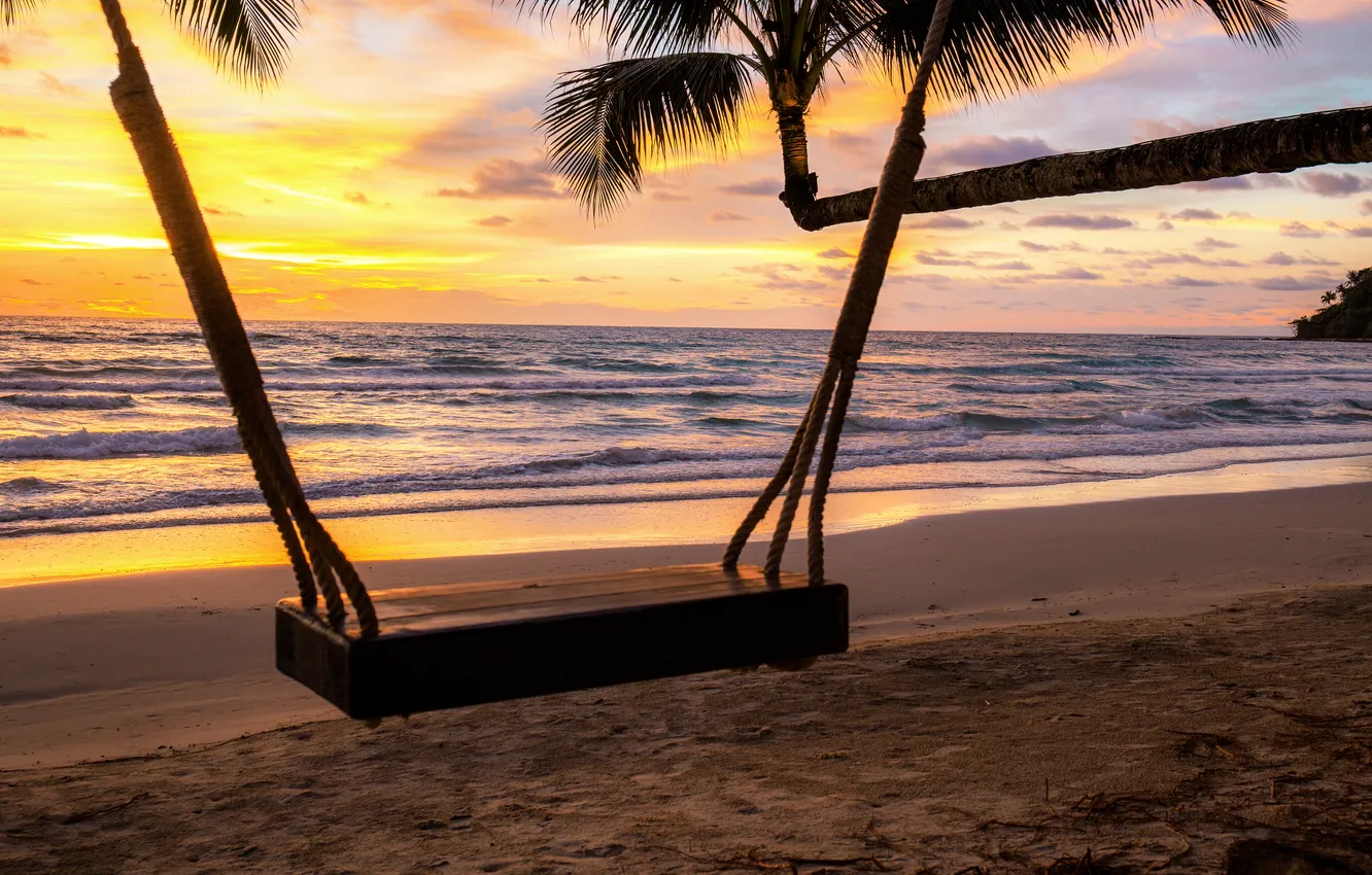 Photo wallpaper sand, sea, beach, summer, the sky, sunset, palm trees, swing