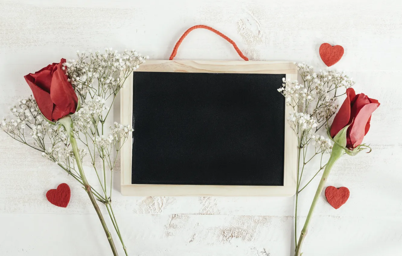 Photo wallpaper flowers, sprig, Board, roses, hearts, buds