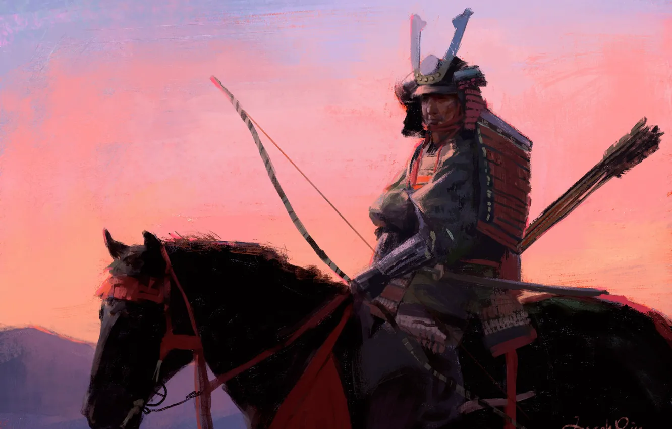 Photo wallpaper horse, bow, samurai, helmet, rider, arrows