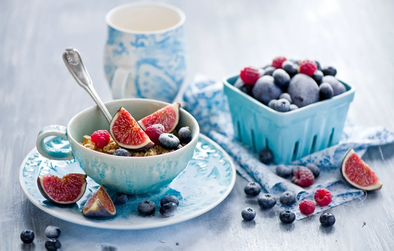 Photo wallpaper berries, raspberry, Breakfast, blueberries, fruit, sweet, muesli, yogurt