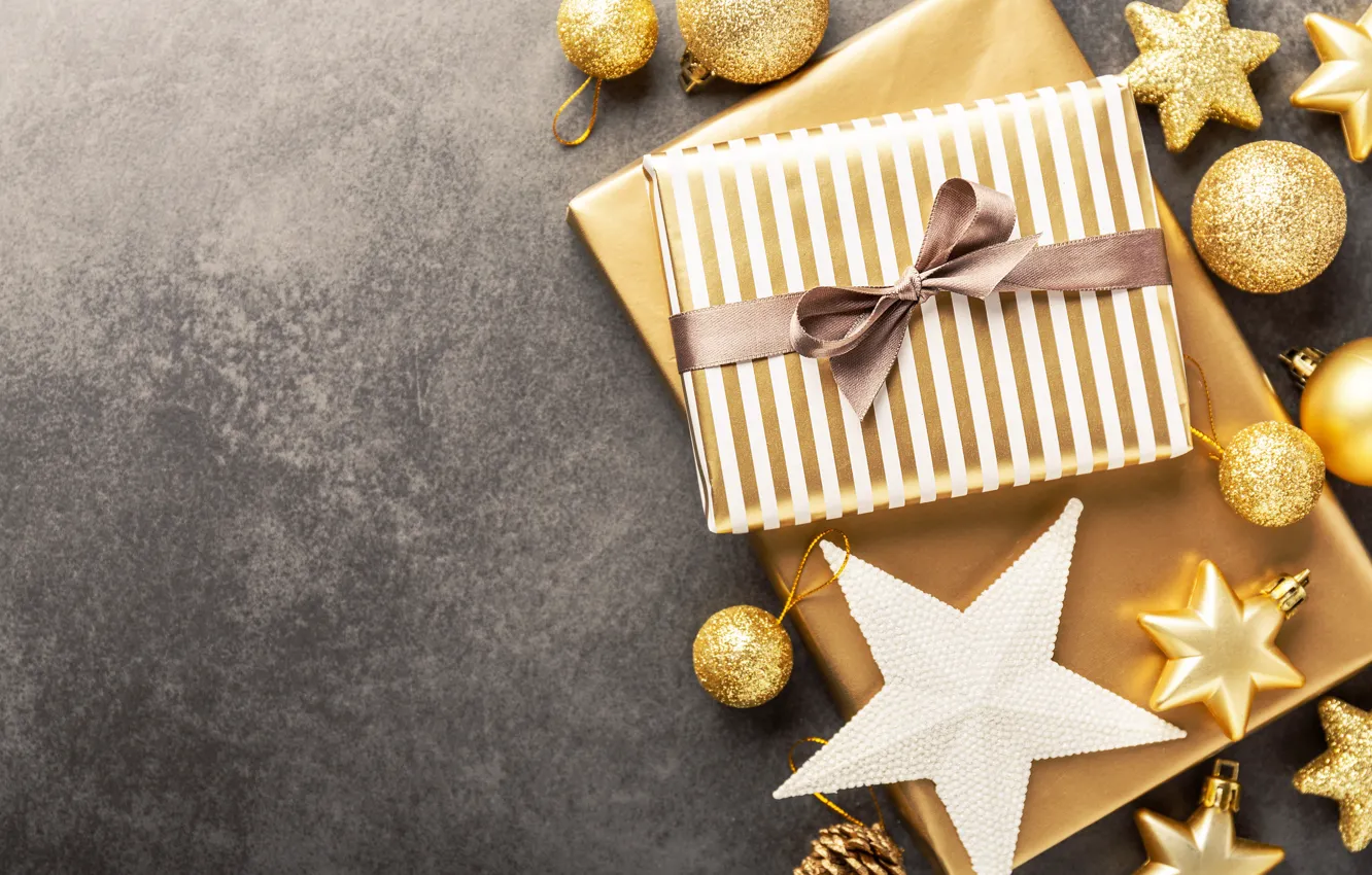 Photo wallpaper decoration, gold, gift, balls, new year, Christmas, golden, Christmas