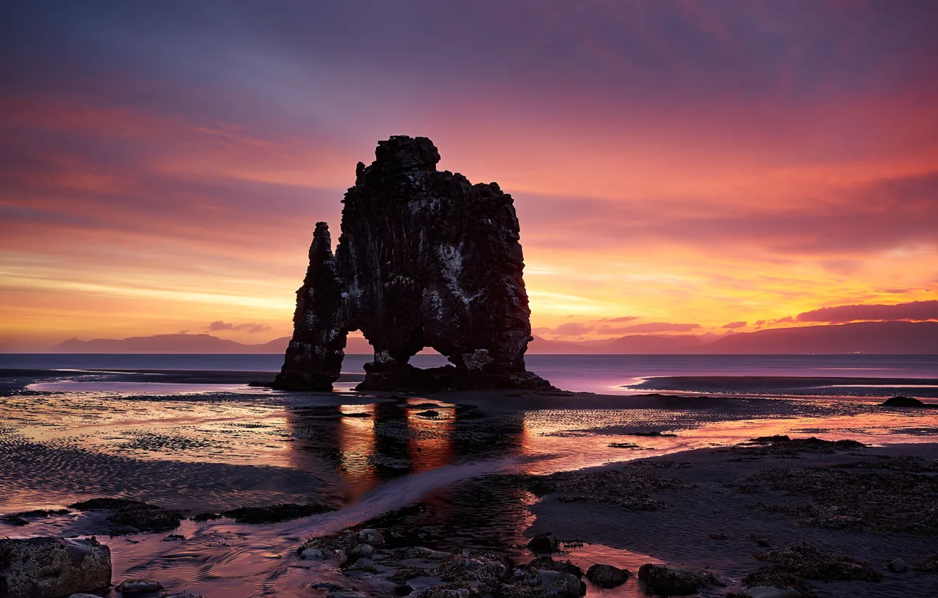 Photo wallpaper water, the sun, sunrise, rocks, morning, horizon, Iceland, Iceland