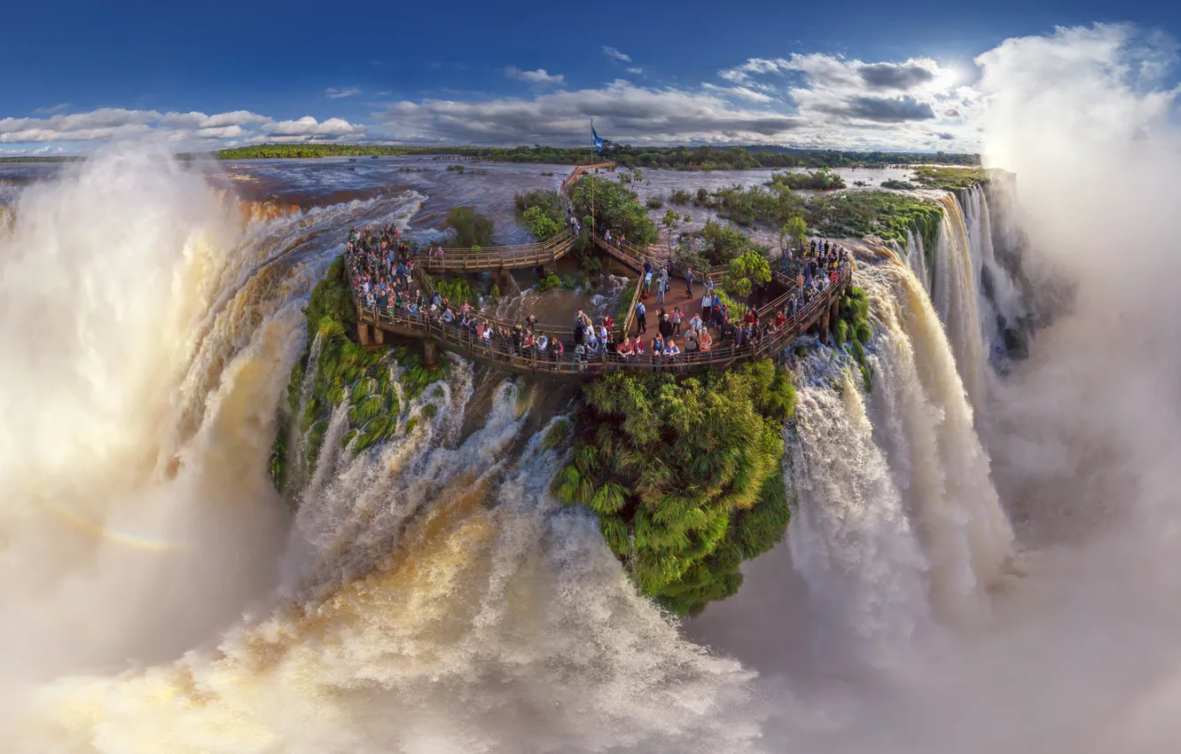 Photo wallpaper green, Argentina, water, Waterfall, Iguazu, Brasil, aerial view, tourists