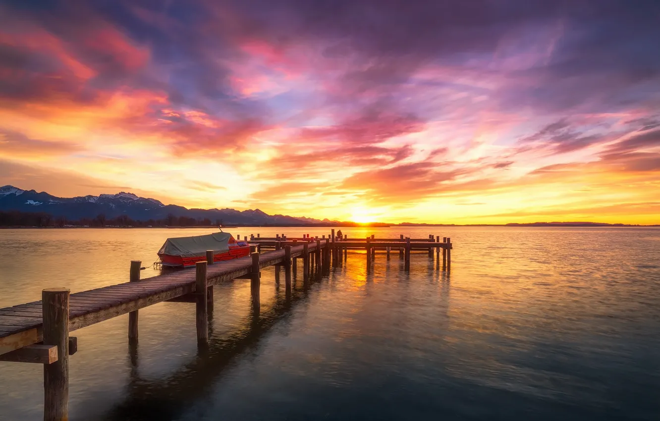 Photo wallpaper sunset, bridge, lake