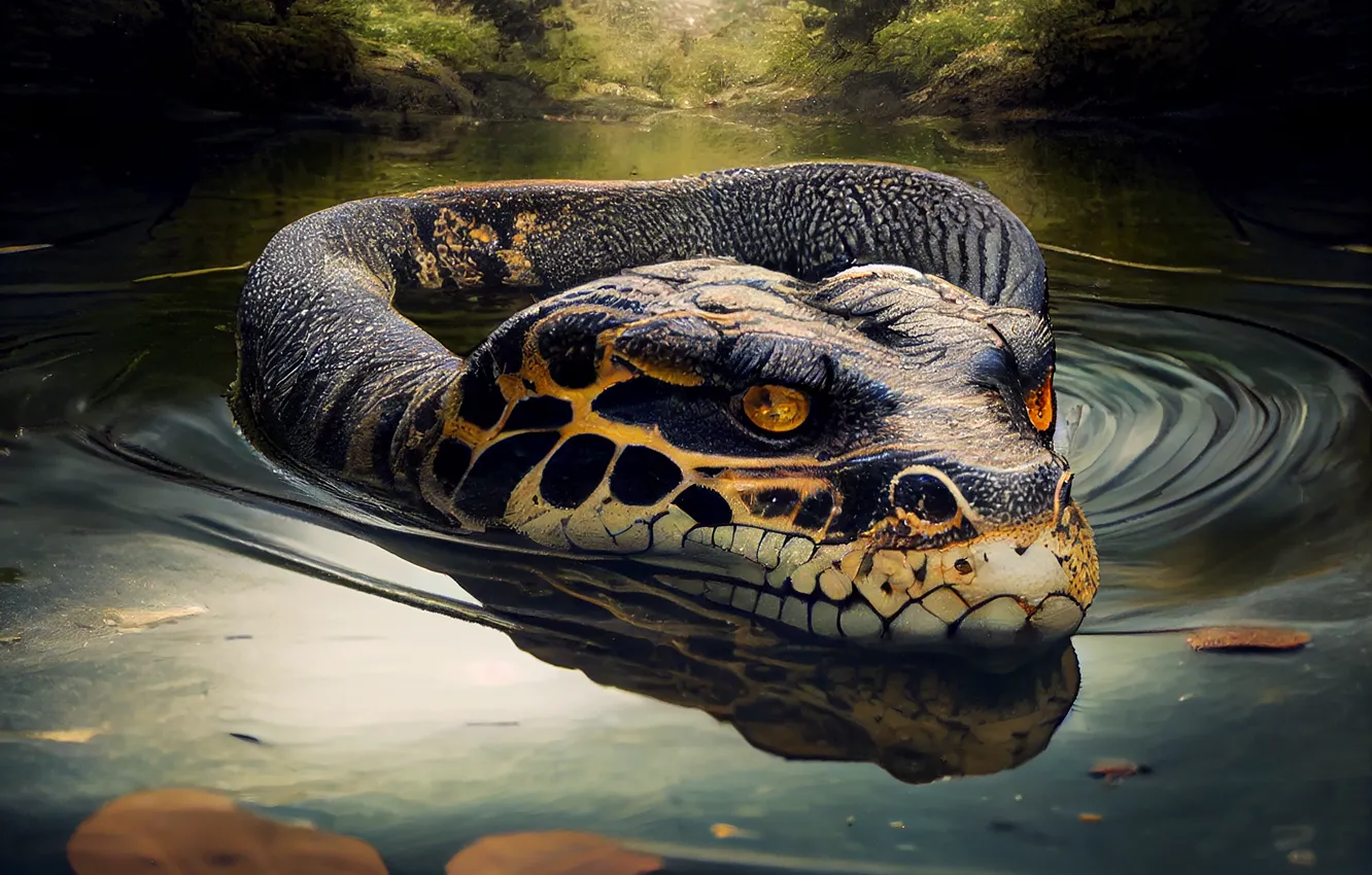 Photo wallpaper look, leaves, water, trees, animal, danger, snake, reptile