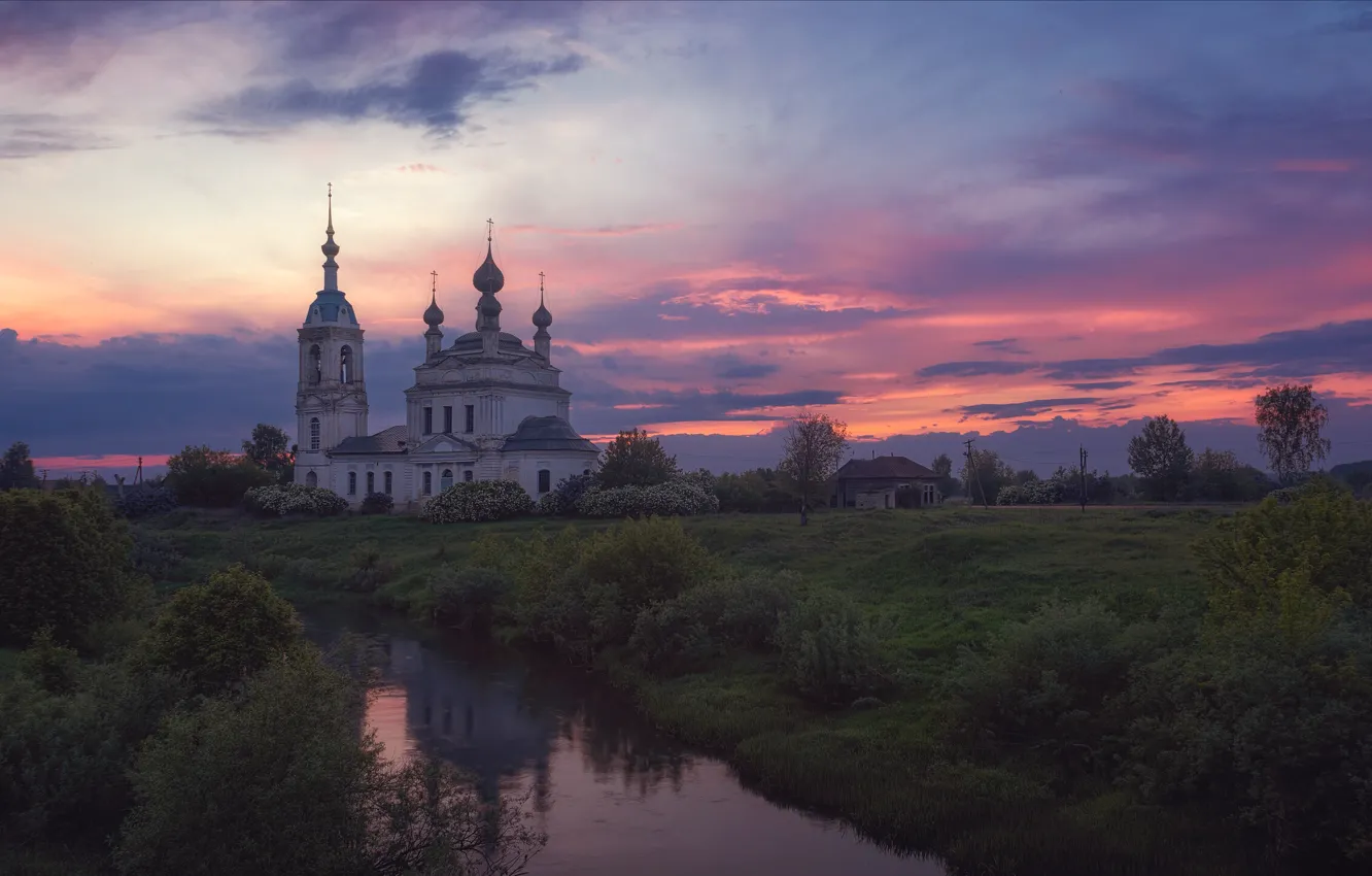Photo wallpaper landscape, nature, dawn, morning, Church, river, Agoranov Alex, Mouth