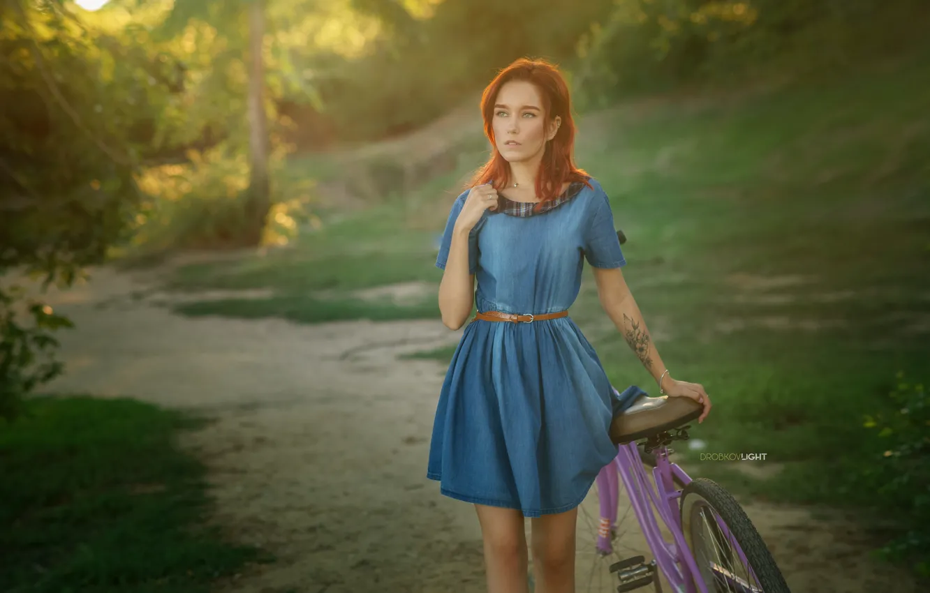 Photo wallpaper girl, bike, dress, red, redhead, Alexander Drobkov-Light, Maria Larina