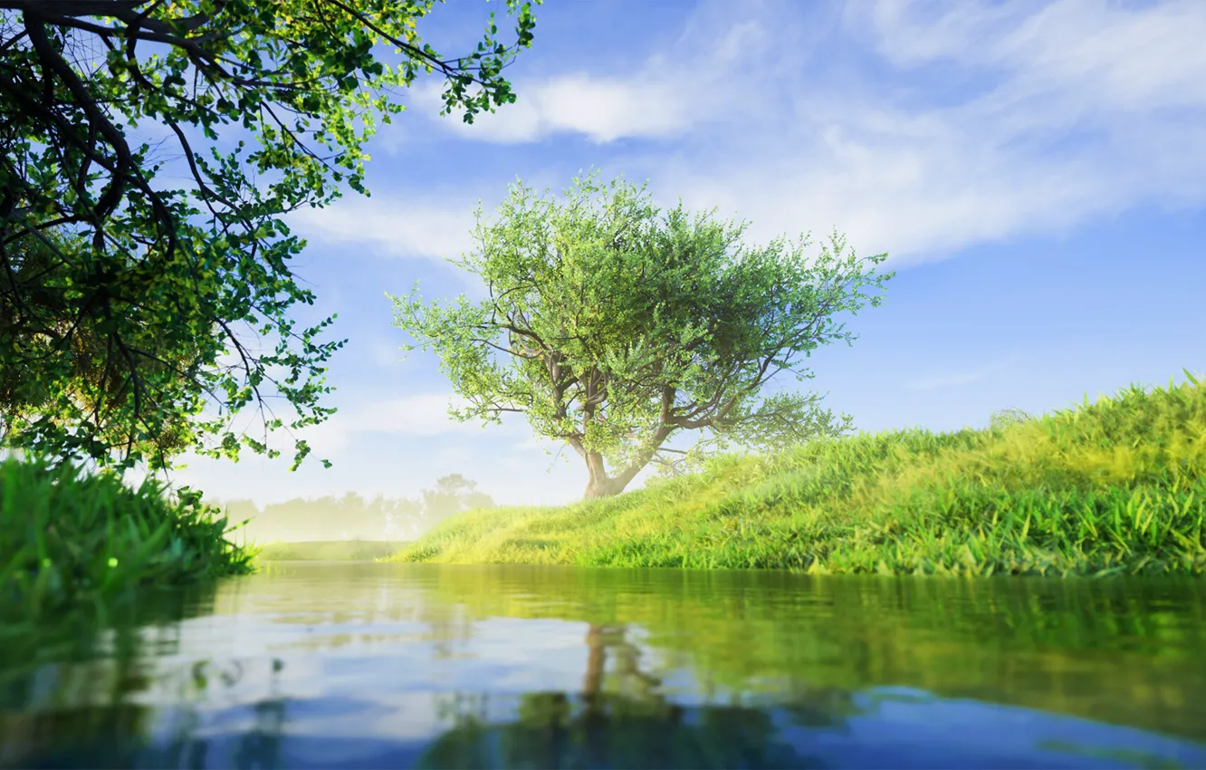 Photo wallpaper river, sky, trees, nature, water, reflection, digital art, artwork