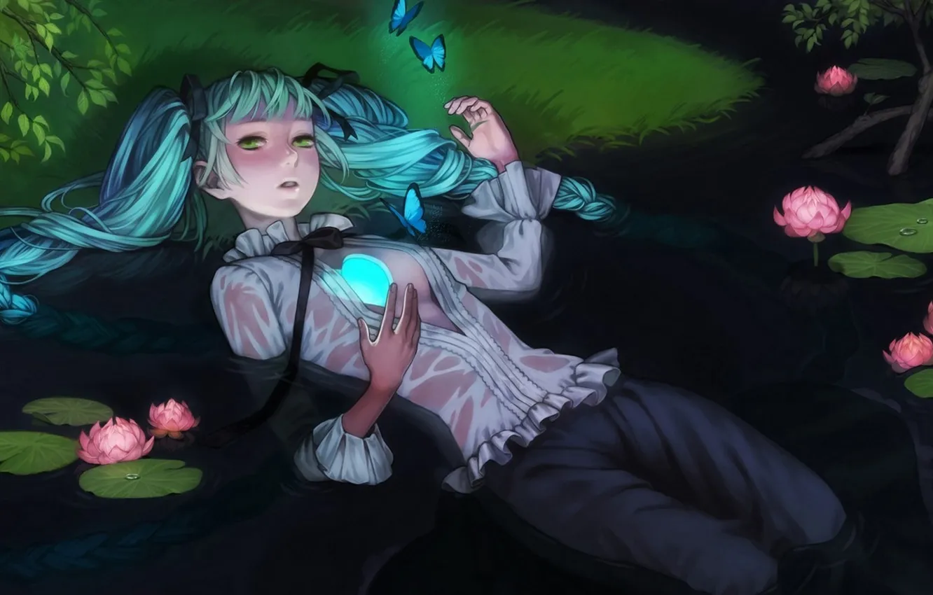 Photo wallpaper water, butterfly, heart, anime, Lily, vocaloid, hatsune miku, Vocaloid