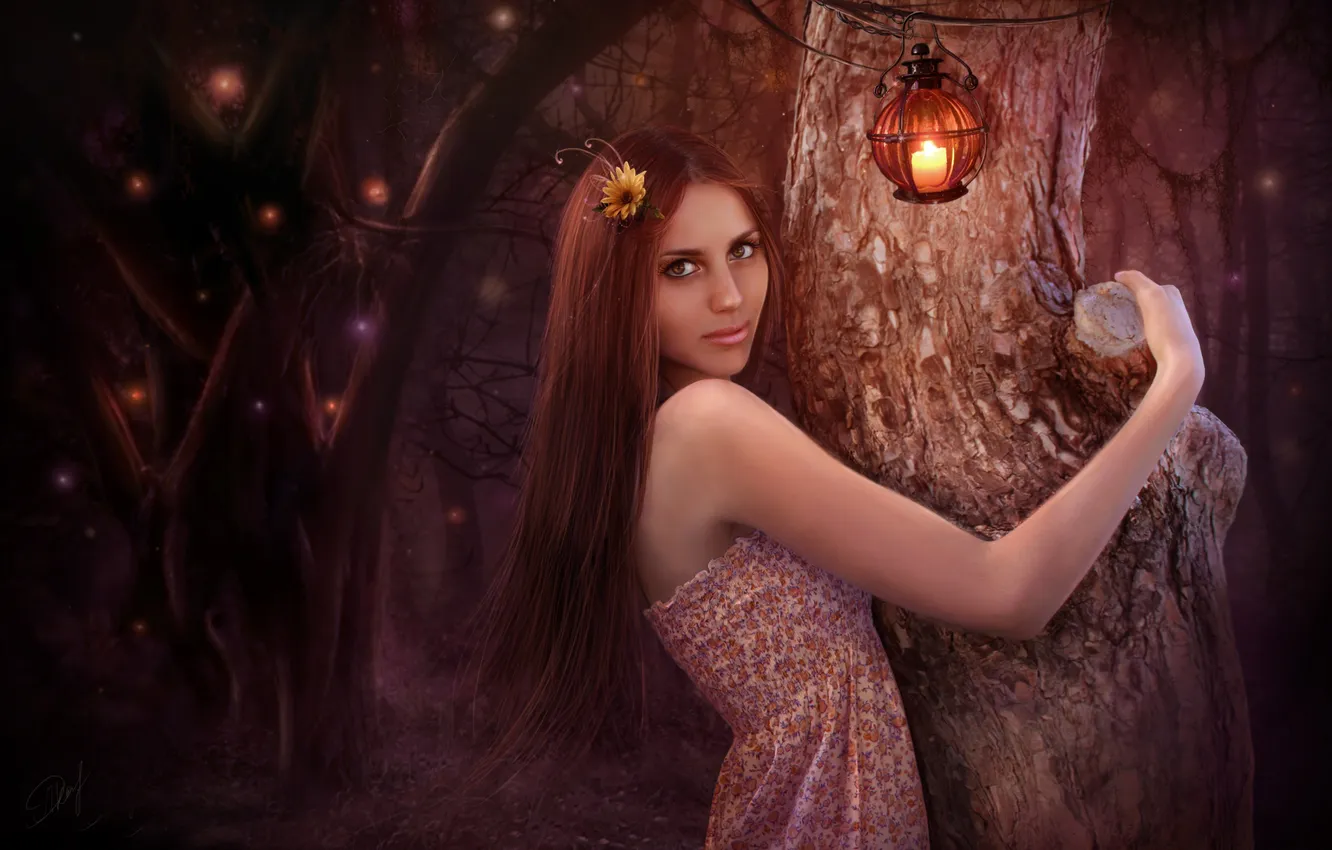 Photo wallpaper forest, trees, night, smile, art, flashlight, brown hair, drawn girl
