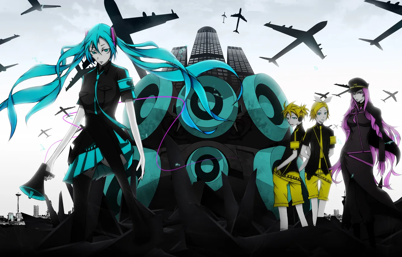 Photo wallpaper girl, the city, building, art, guy, the plane, vocaloid, hatsune miku