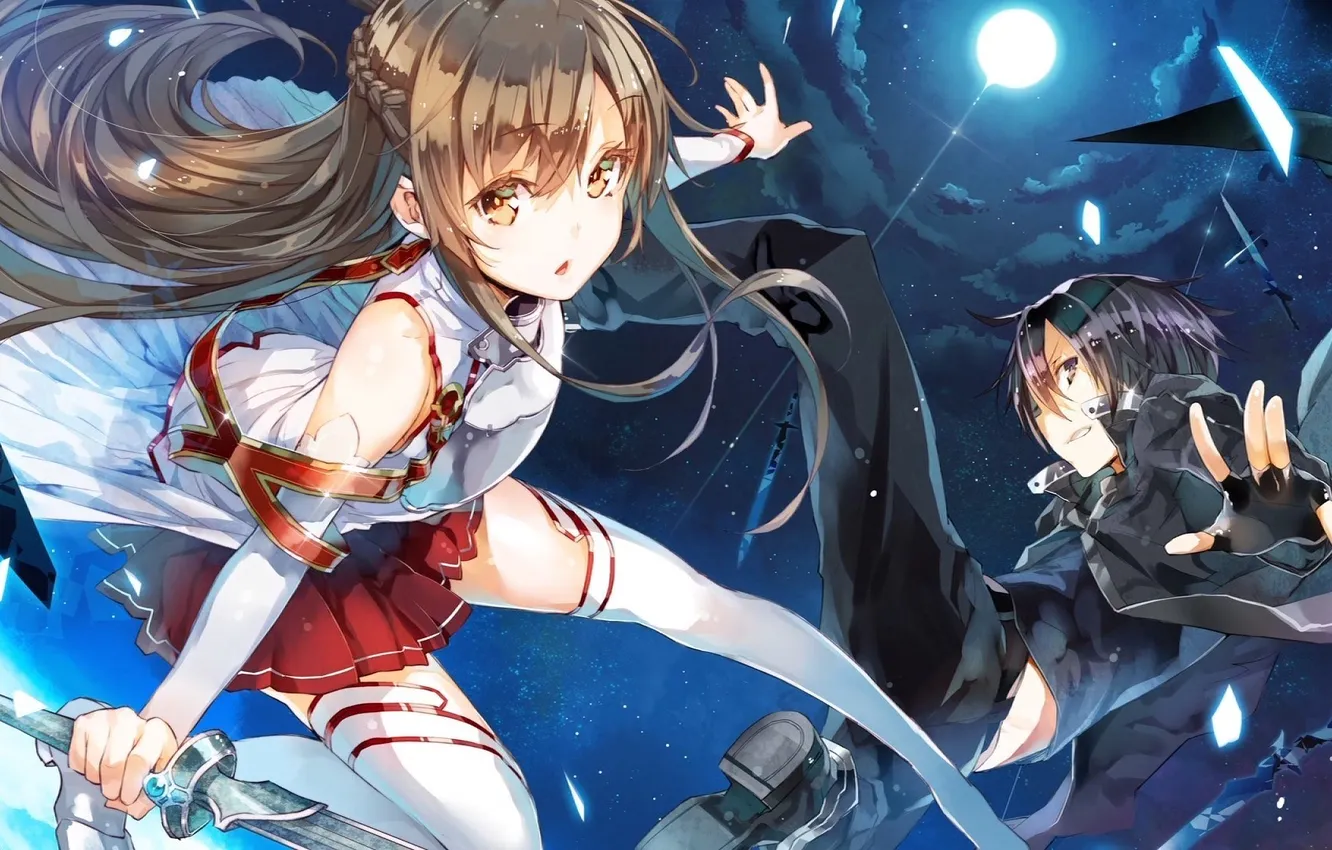 Photo wallpaper look, girl, night, surprise, sword, guy, art, sword art online