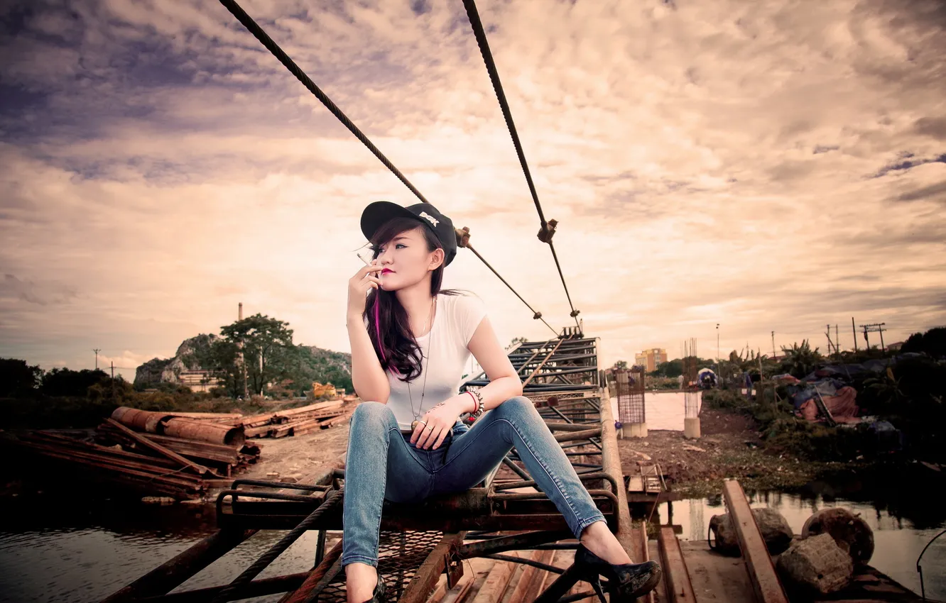 Photo wallpaper girl, background, cigarette, Asian