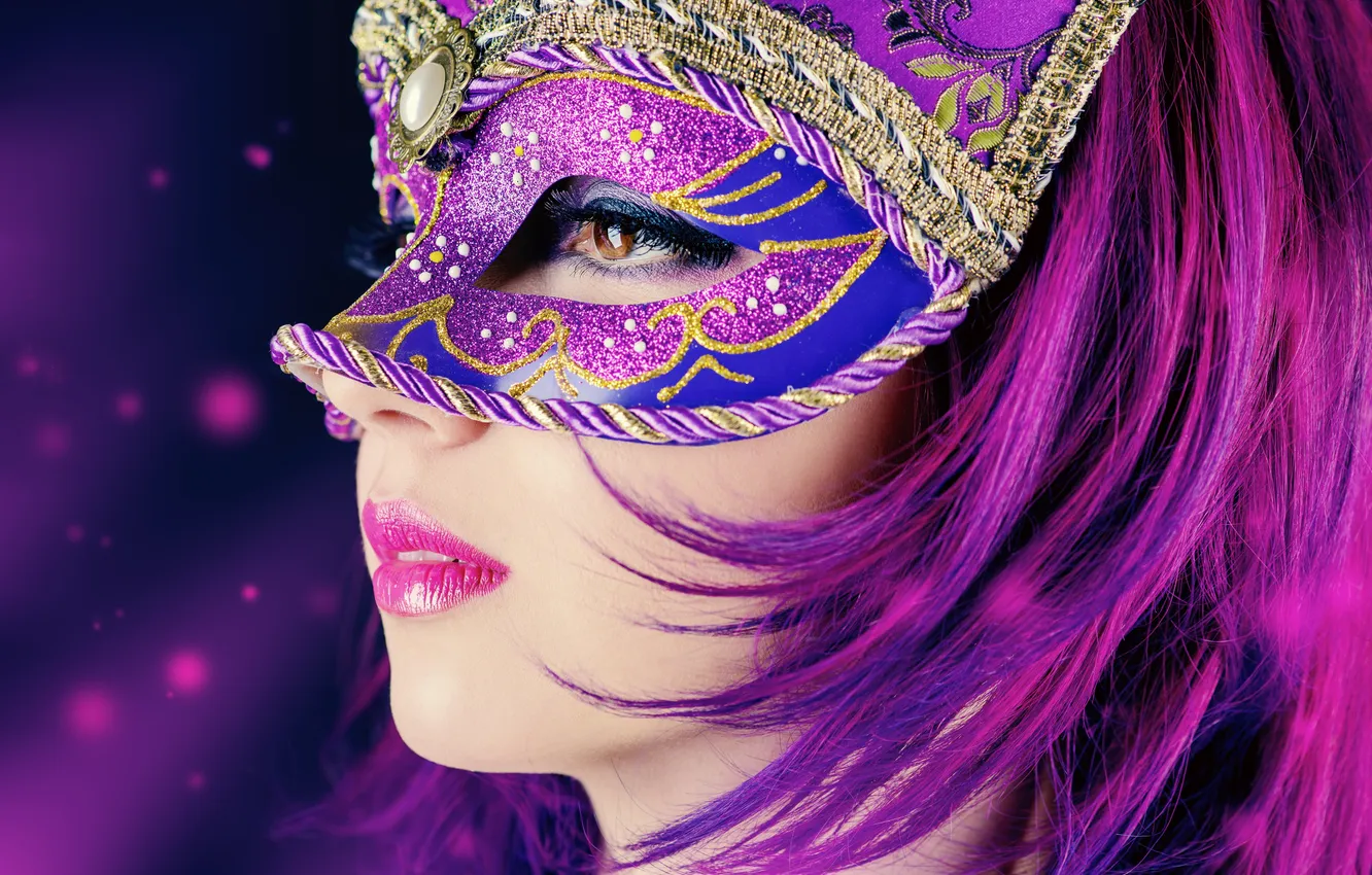 Photo wallpaper look, girl, makeup, mask, profile, bright hair