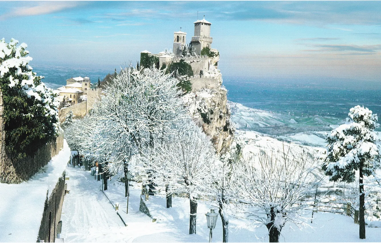 Photo wallpaper winter, snow, trees, the city, photo, castle, Italy, San Marino