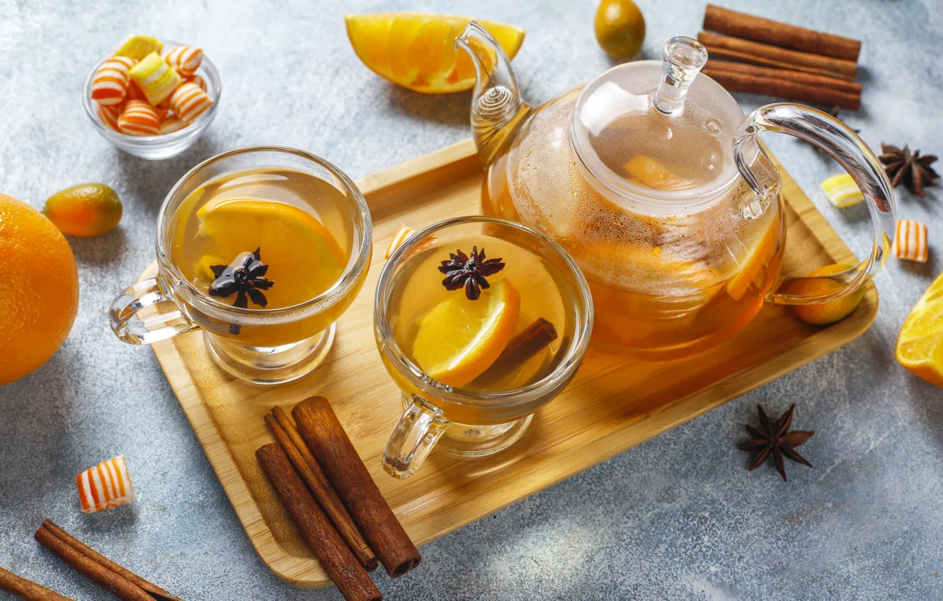 Photo wallpaper glass, table, lemon, tea, orange, candy, the tea party, Cup