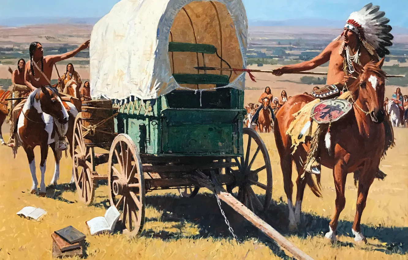 Photo wallpaper Picture, The Indians, Horse, Men, Van, David Man, American artist, David Mann