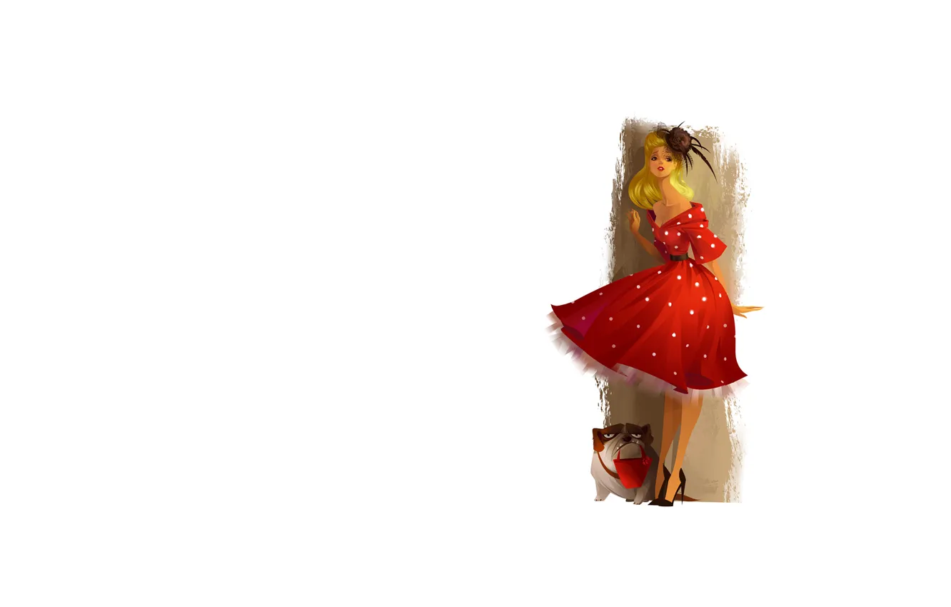 Photo wallpaper girl, dress, hairstyle, bulldog, hat, basket, elegance