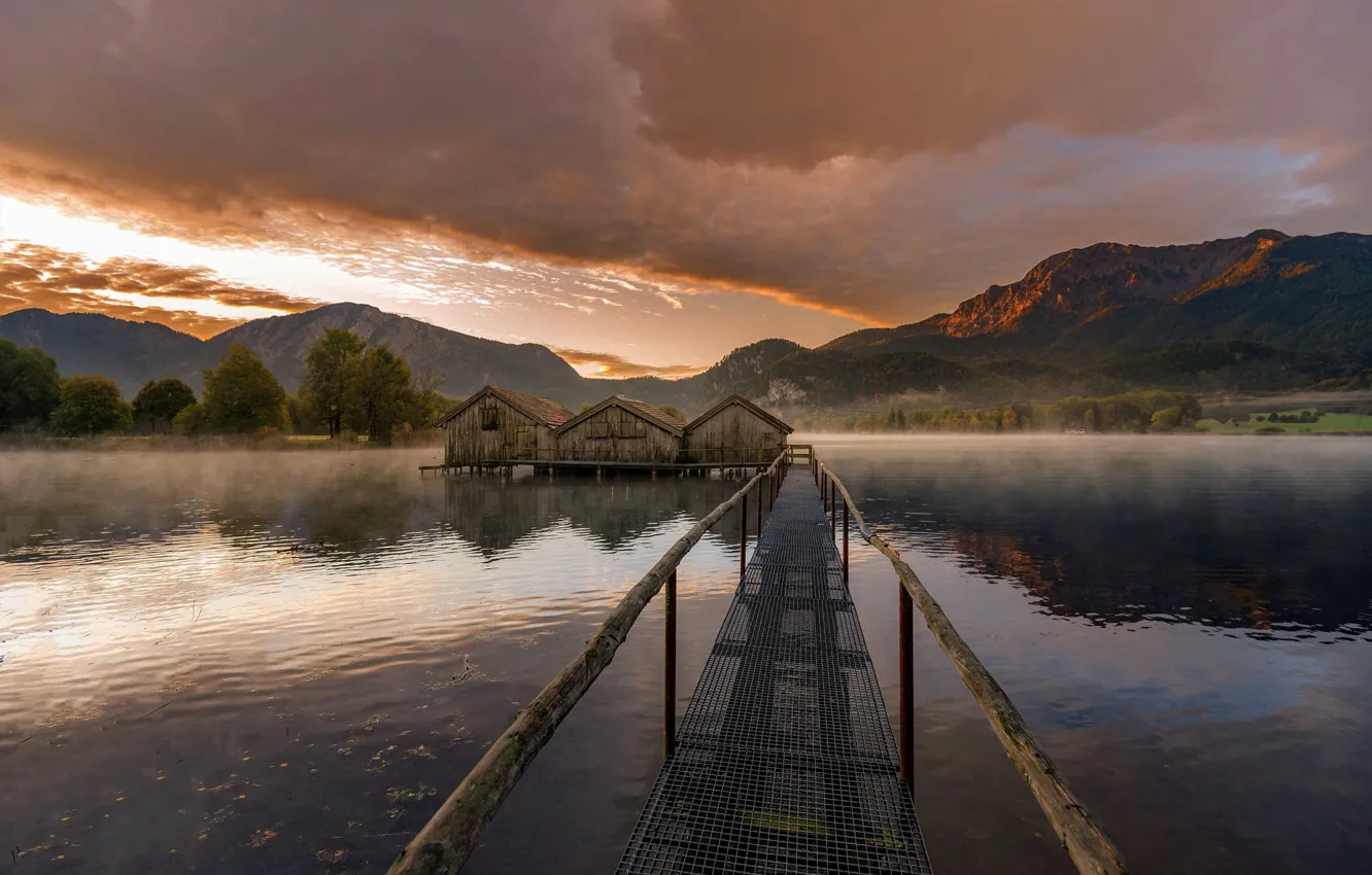Photo wallpaper forest, the sky, clouds, sunset, mountains, fog, lake, shore
