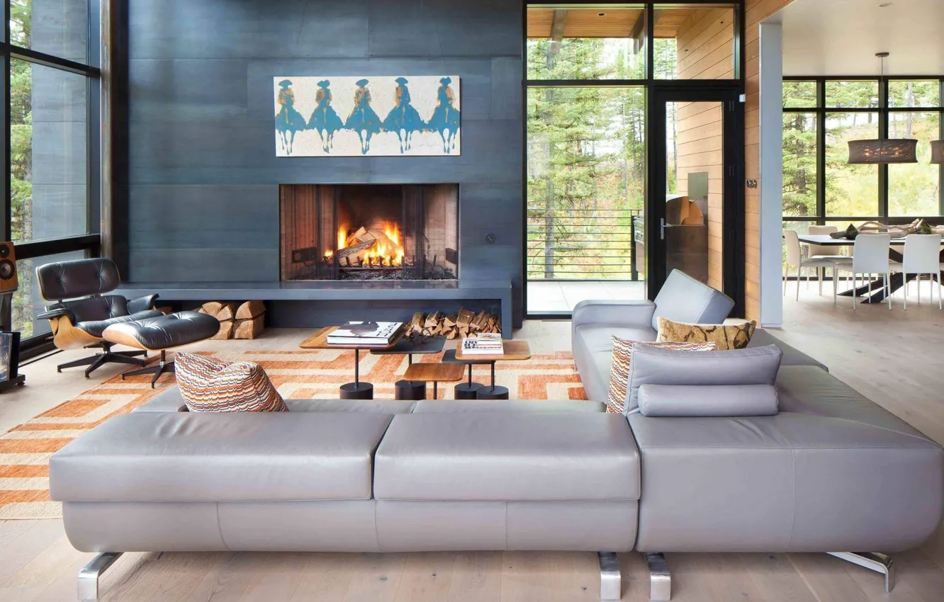 Photo wallpaper design, style, interior, fireplace, living room, dining room, Montana, Montana
