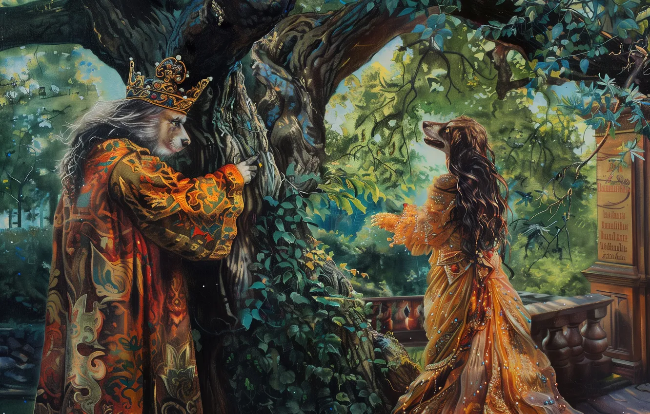 Photo wallpaper girl, trees, dog, fantasy, Princess, dialogue, king, AI art