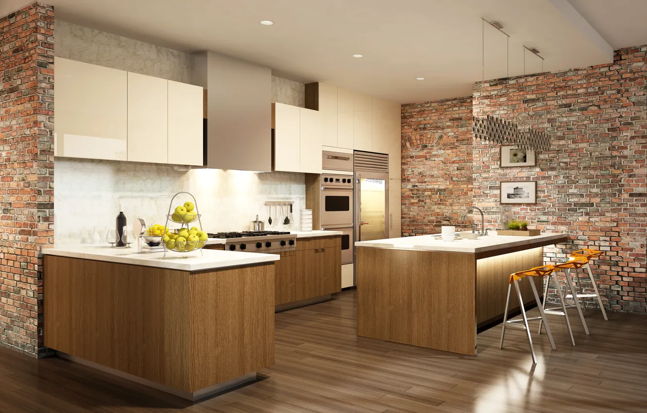 Photo wallpaper wall, apples, furniture, brick, kitchen, plate, mansion, design