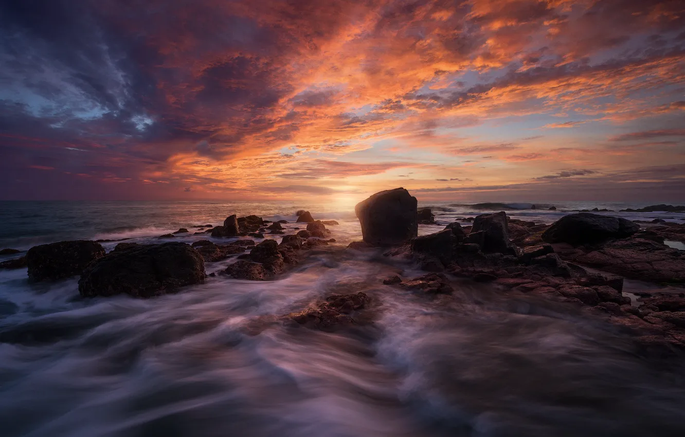Photo wallpaper sea, wave, clouds, light, sunset, stones, rocks, coast