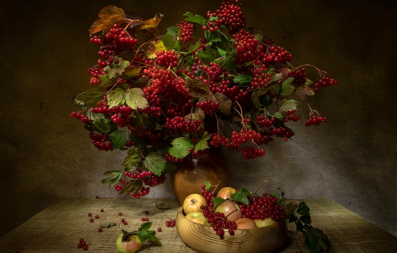 Photo wallpaper leaves, branches, berries, table, apples, bouquet, red, bowl