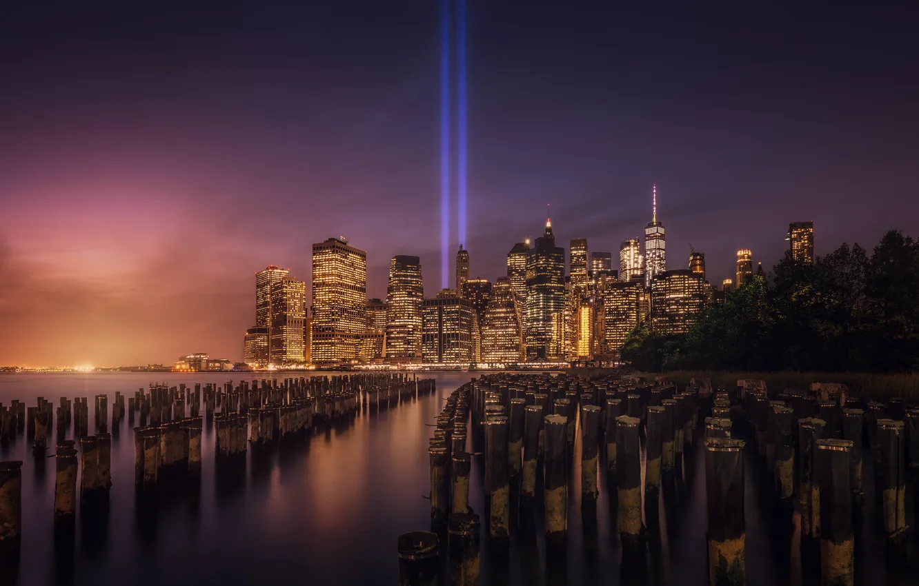 Photo wallpaper the sky, light, sunset, night, the city, lights, shore, posts