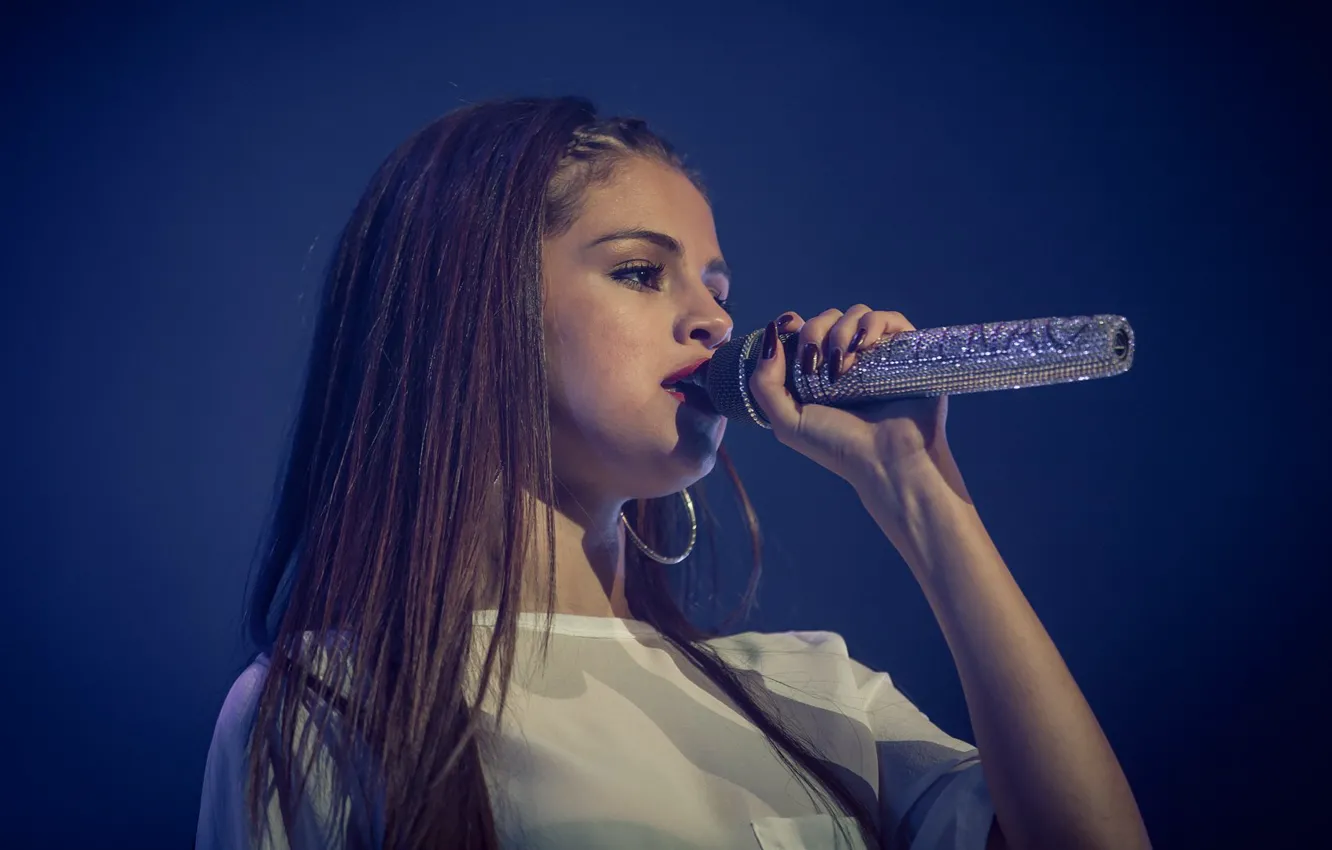 Photo wallpaper girl, model, concert, microphone, Selena Gomez, designer, composer, producer