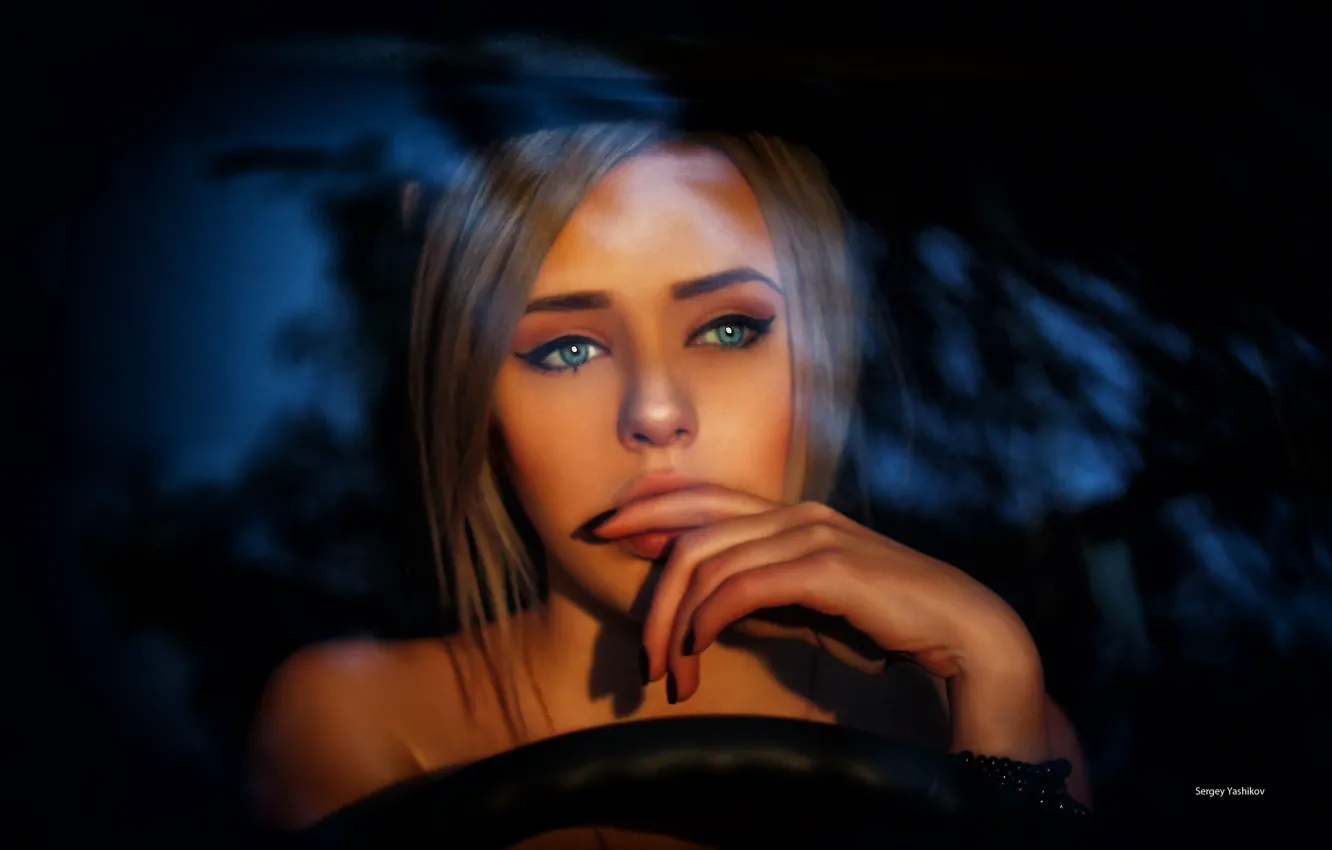 Photo wallpaper look, girl, face, mood, hand, portrait, blue eyes, Sergey Boxes