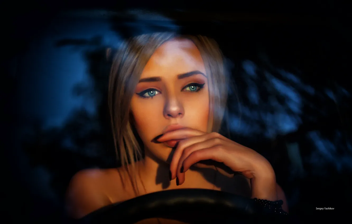 Photo wallpaper look, girl, face, mood, portrait, hands, blue eyes, Sergey Boxes