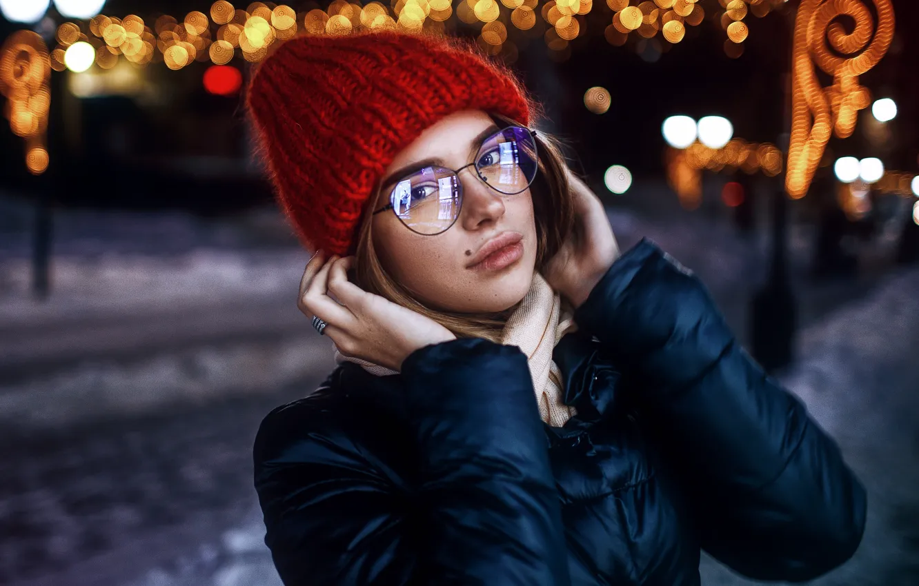 Photo wallpaper winter, look, model, hat, Girl, glasses, Sergey Sorokin, Luba Ivanova