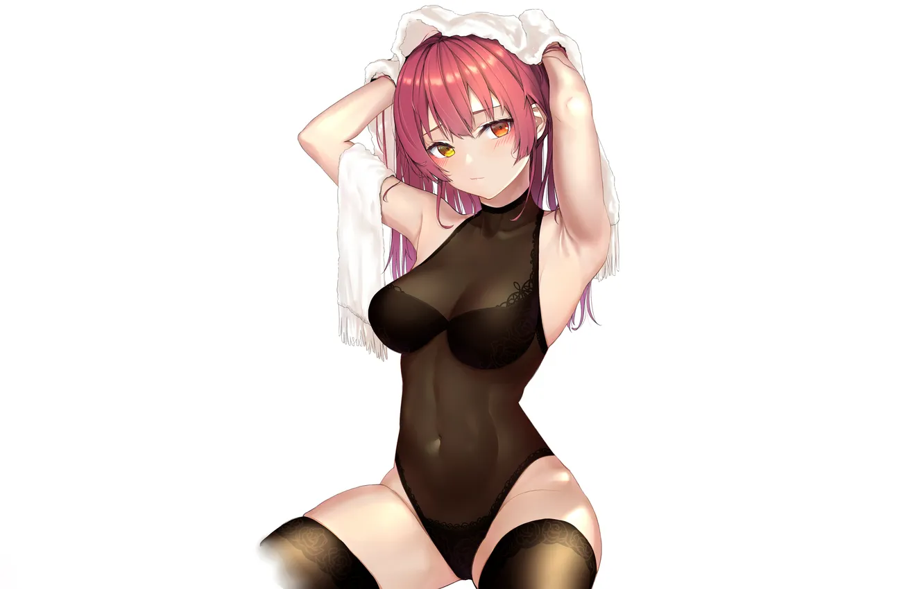 Photo wallpaper girl, sexy, thighhighs, pink hair, bodysuit, long hair, boobs, anime